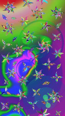 El çizimi çiçekli soyut çizim kalıbı. Yeşil ve mor renkli çiçekler. Raster illüstrasyonu.