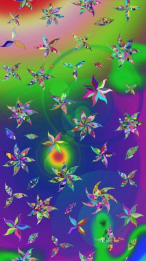 Yeşil ve mavi renkli bitkilerden oluşan parlak çiçekli çizim deseni.