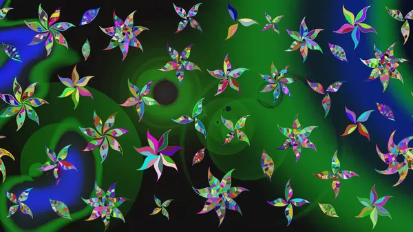 Yeşil ve gri renkli çiçekler. Hediye ambalaj kağıdı, tebrik kartları, posterler ve pankart tasarımı. Raster düz çiçek çizim deseni.