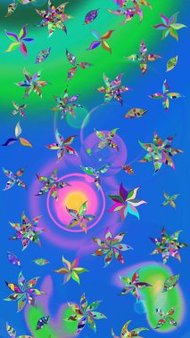 Küçük çiçekteki sevimli çiçek deseni. Bir sürü mavi ve yeşil soyut çiçekli tropik eskiz deseni. Varicoloblue ve yeşil raster çizimi.