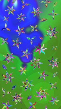 Suluboya, elle çizilmiş. Yeşil ve mavi renkli yapraklı yabani çiçekler. Eskiz arkaplan modeli. Raster illüstrasyonu.