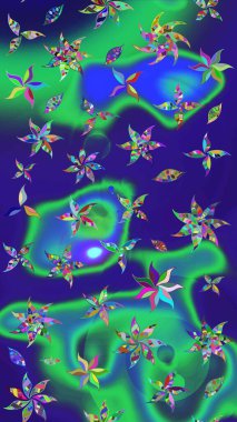 Raster illüstrasyonu. Mavi ve yeşil renkli Asya tekstili. Çiçek desenini çiz.