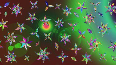 Küçük çiçekteki sevimli çiçek deseni. Varicologreen ve kahverengi raster çizimi. Birçok yeşil ve kahverengi soyut çiçekli tropikal çizim deseni.