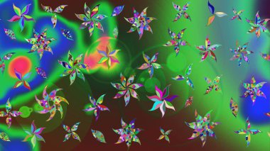 Ağaç dallı bahar çiçekli desen, çiçek siluetiyle yeşil ve mavi renkler. Raster deseni.