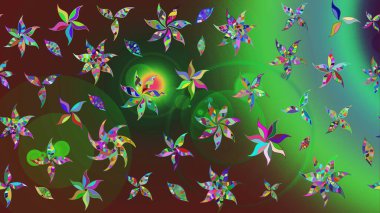 Flowers on green and brown colors. Gentle, spring floral background. Raster floral pattern in doodle style with flowers.