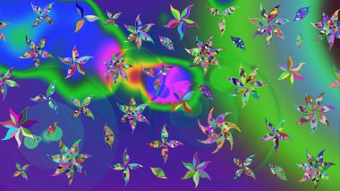 Yeşil ve mavi renkte çiçekler. Gömlek baskısı için çiçek boyası. Çiçek eskiz kalıbı geçmişi.