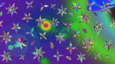 Raster illüstrasyonundaki çiçek desenli çizim. Renkli Yaz Temalı eskiz kalıbı. Mavi ve yeşil renkli çiçekler. Düz Çiçek Elementleri Tasarımı.