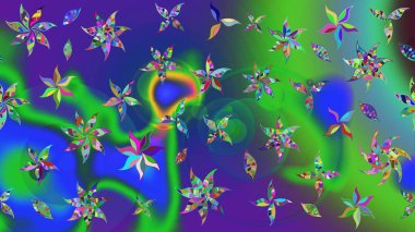 Düz Çiçek Elementleri Tasarımı. Renkli Bahar Teması eskiz kalıbı. Çiçek desenli eskiz, yaz çiçekleri. Yeşil ve mavi renkte çiçekler.