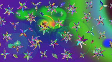 Tekrarlayan çiçek arkaplanı, zarif yeşil ve menekşe çiçekli duvar kağıdı. Yeşil ve mor renkler üzerine çiçek desenli çizimler, el yapımı papatyalar, papatyalar..