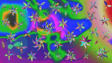 Gömlek baskısı için çiçek boyası. Yeşil ve mavi renkte çiçekler. Çiçek eskiz kalıbı geçmişi.