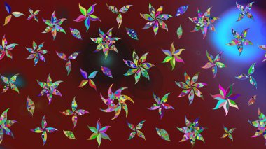 Raster - stok. Yapraklı çiçekler ve kırmızı ve kahverengi renkli papatya çiçekleri. Taslak arkaplan deseni.