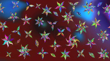 Çiçeksel fantezi tasarımı ve parlak bir arka plan çizimi. Renkli Bahar Teması eskiz kalıbı. Düz Çiçek Elementleri Tasarımı.