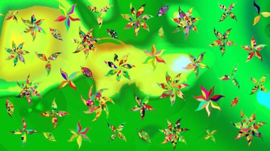 Yeşil ve sarı renkli Asya tekstili. Raster illüstrasyonu. Suluboya çiçekli çiçek deseni.