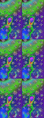 Raster illüstrasyonundaki çiçek desenli çizim. Yeşil ve mavi renkte çiçekler.