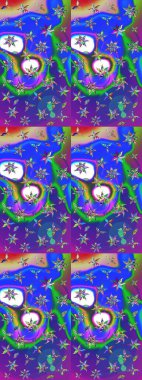 Mavi ve mor renklerde. Raster illüstrasyonu. Çiçekli güzel suluboya desen.