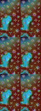 Kahverengi ve yeşil, zarif küçük çiçekler ve kahverengi ve yeşil renkli komik böcekler, raster desen, illüstrasyon.