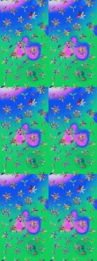 Çiçek buketleriyle klasik bir eskiz şekli. Raster illüstrasyonu. Yeşil ve mavi renklerde.