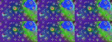 Raster illüstrasyonundaki çiçek desenli çizim. Mavi ve mor renkte çiçekler.