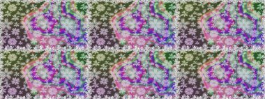 Tarafsız ve gri renklerdeki çok renkli ve gri zarif küçük çiçekler ve komik böcekler, raster desen, illüstrasyon.