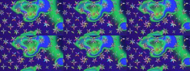 Çiçeksel çizim kalıbının yansıması. Vadinin çiçekleri mavi ve yeşil renklerde.