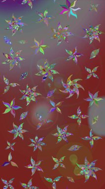 Düz Çiçek Elementleri Tasarımı. Renkli Bahar Teması eskiz kalıbı. Kahverengi ve gri renkli şirin çiçek desenleri. Raster Modaya uygun kumaş deseni.