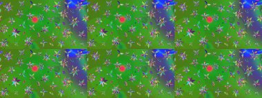 Patlayan çiçekler soyut olarak yerleştirilmiş. Raster deseni. Nazikçe, rengarenk bahar çiçekleri. Raster illüstrasyonu.