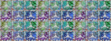 Raster illüstrasyonu. Moda baskısı, albüm, ambalaj kağıdı ve duvar kağıdı için zarif dekoratif süslemeler. Mavi ve yeşil renkte şirin çiçekler. Küçük çiçekli basit, pürüzsüz desen..