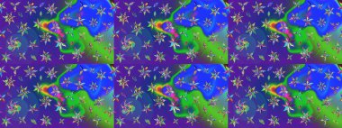 Üzerinde gelincikler ve vadi zambakları olan renkli çiçek desenli nakış deseni. Tekstil tasarımı için mavi ve mor renkli geleneksel halk çiçekleri buketi.