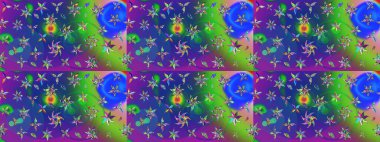 Çiçek ve yapraklı karalama şeklinde Raster çiçek deseni. Raster illüstrasyonu. Mavi ve yeşil renklerde bahar çiçekleri..