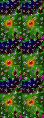 Raster illüstrasyonu. Yeşil ve siyah renkli şirin çiçekler. Moda baskısı, albüm, ambalaj kağıdı ve duvar kağıdı için zarif dekoratif süslemeler. Küçük çiçekli basit bir çiçek çizimi..