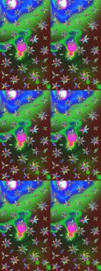 Raster illüstrasyonundaki çiçek desenli çizim. Düz Çiçek Elementleri Tasarımı. Renkli Bahar Teması eskiz kalıbı. Yeşil ve kahverengi renkte çiçekler.