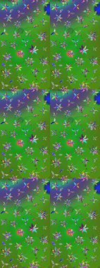 Raster illüstrasyonu. Moda baskısı, albüm, ambalaj kağıdı ve duvar kağıdı için zarif dekoratif süslemeler. Küçük çiçekli basit bir çiçek çizimi. Renklerde sevimli çiçekler.