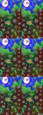 Sketch Colour Spring Theme eskiz kalıbı. Sevimli çiçek raster deseni. Yeşil ve mavi renkte çiçekler. Düz Çiçek Elementleri Tasarımı.