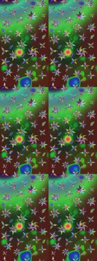 Raster Floral Illustration, Asyalı tekstil. Yeşil ve kahverengi renkli etnik çiçeklerle zarif eskiz deseni.