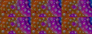 Kahverengi ve mor renkli çiçekler. Sevimli çiçek raster deseni. Renkli Bahar Teması eskiz kalıbı. Düz Çiçek Elementleri Tasarımı.