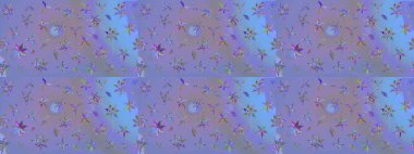 Parlak renkli çiçekleri ve mor ve mavi renkli yaprakları olan harika bir çiçek deseni. Moda baskıları için zarif bir şablon. Modern çiçek arkaplanı. Halk stili.