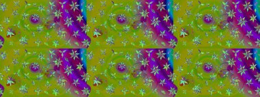 Raster illüstrasyonu. Kumaş, tekstil, duvar kağıdı baskısı için. Eskiz geçmişi. Renkli desenli eskiz deseni, yeşil ve mor çiçekler ve dekoratif elementler. Antika retro tarzı.