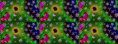 Yeşil ve siyah renkli çiçekler. Çiçekli karalama şeklinde Raster çiçek deseni. Yumuşak, yaz çiçekli arka plan.