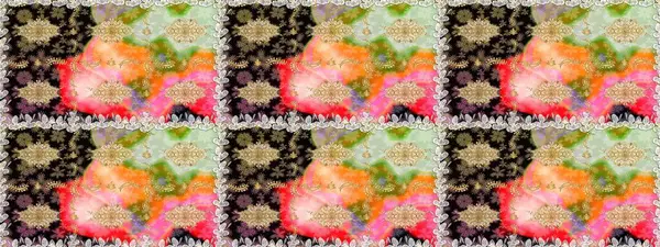 Kahverengi ve bej renklerde altın elementler. Kusursuz raster arka plan. Çiçek deseni. Duvar kâğıdı barok, İspanyol kumaşı. Şekil grafik deseni.