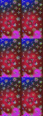 Raster illüstrasyonu. Şirin çiçekli eskiz deseni ve kırmızı ve mavi renkli yapraklar, suluboya çiçek deseni, duvar kağıdı, kart veya kumaş için fayanslı.