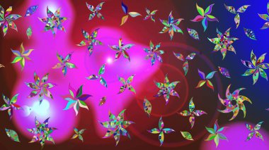 Çiçek desenli çizim. Menekşe ve kırmızı renklerde Asya tekstili. Raster illüstrasyonu.