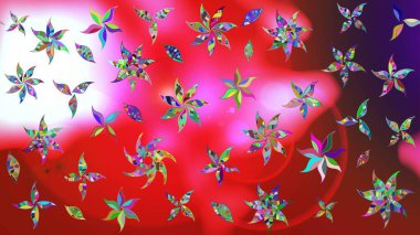 Üzerinde gelincikler ve vadi zambakları olan renkli çiçek desenli nakış deseni. Tekstil tasarımı için kırmızı ve pembe renkte geleneksel Raster çiçek buketi.