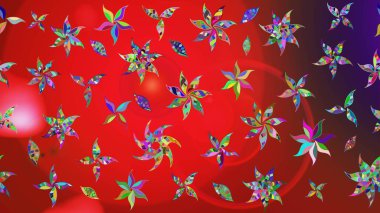 Kırmızı ve mor renkte çiçekler. Raster illüstrasyonu. Çiçek desenli eskiz, vuruşlar, sıçramalar, yaz çiçekleri..