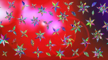 Parlak renkli çiçekleri olan ve kırmızı ve pembe renkli yaprakları olan harika bir çiçek deseni. Modern çiçek arkaplanı. Moda baskıları için zarif bir şablon. Halk stili.