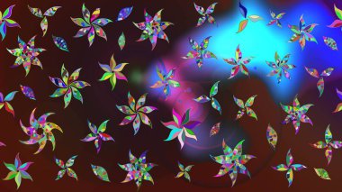 Raster illüstrasyonu. Raster illüstrasyonu. Çiçek desenli çizim. Asya tekstil tarzında. Kahverengi ve mavi renkte çiçekler.