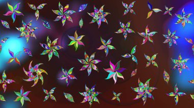 Asya tekstil tarzında. Raster illüstrasyonu. Çiçek desenli çizim. Raster illüstrasyonu. Kahverengi ve mavi renkte çiçekler.