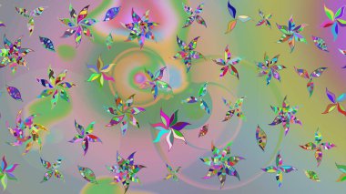 Tarafsız ve yeşil renklerde çiçekler. Hediye ambalaj kağıdı, tebrik kartları, posterler ve pankart tasarımı. Raster düz çiçek çizim deseni.