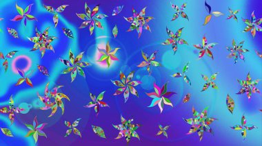 1950-1960 motifleri. Çiçekli ipek eşarp. El çizimi çiçek unsurları olan soyut çizim raster deseni. Retro tekstil tasarım koleksiyonu. Mavi ve menekşe üzerine mavi ve menekşe.