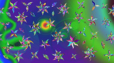 Yeşil ve mavi renkte çiçekler. Gömlek baskısı için çiçek boyası. Çiçek eskiz kalıbı geçmişi.