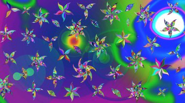 Mavi ve mor renklerde. Çiçek buketleriyle klasik bir eskiz şekli. Raster illüstrasyonu.